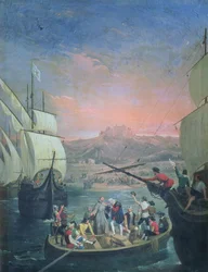 Partida do Santa Maria, Pinta e Nina de Palos em 1492 (óleo sobre tela)