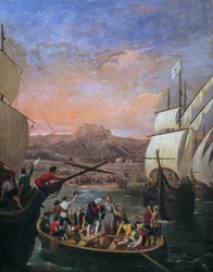 A partida de Cristóvão Colombo de Palos de la Frontera em 1492, pintura de Antonio Cabral Bejarano (1798-1861), Detalhe