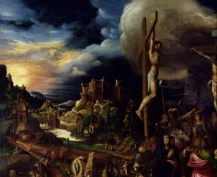 Cristo na Cruz Cenas da Paixão: ascensão ao Calvário (Via Sacra), crucificação. Pintura de Antonio Campi (1526-1587) Ec. Ital
