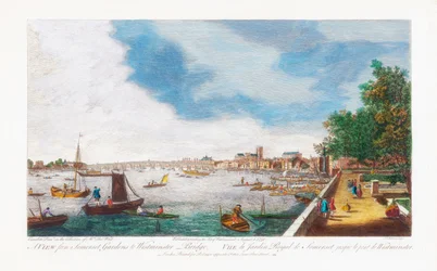 Uma vista dos jardins de Somerset até a ponte de Westminster, gravada por John Miller, 1750