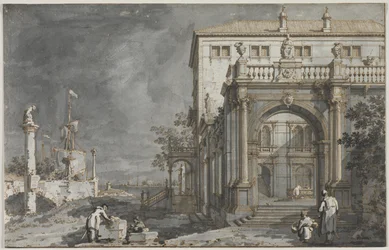 Capriccio: Um palácio com um pátio à beira da lagoa, c. 1750-1755.