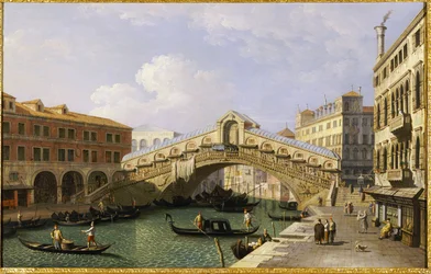 A ponte Rialto Veneza do sul, com a Fondamenta Del Vin e a Fondaco Dei Tedeschi