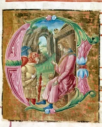 Herodes I o Grande (73-4 AC) ordenando o massacre da inocente Lettrina iluminada por Antonio Cicognari. Detalhe de um anti-fonário. 1483. Cremone, coral 4, capitolo del duomo