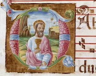 São João Evangelista Lettrina, iluminado por Antonio Cicognari. Detalhe de um anti-fonário. 1483. Cremone, coral 4, capitolo del duomo