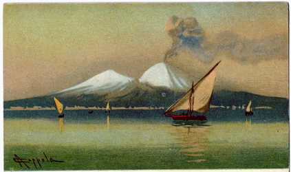 Geografia. Monte do Vulcão Vesúvio e a Baía de Nápoles. Ilustração de A. Coppola, Itália, c.1920 (cartão postal)