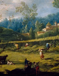 A colheita, detalhe de O Verão, de Antonio Diziani (1737-1797), pintura.
