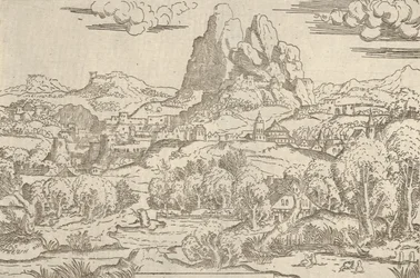 Paisagem do quadro de Vênus Empurrando Cupido, 1540-45.