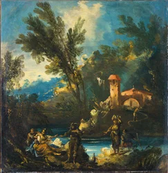 Uma paisagem fluvial arborizada com figuras