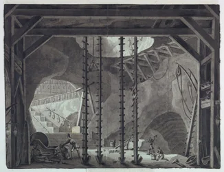 Design de palco, homens construindo prédio na caverna