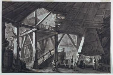 Design de palco, interior de prédio de fazenda em ruínas