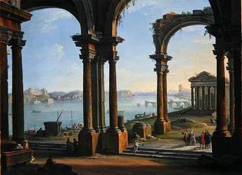 Cena do porto através de arcos em ruínas (óleo sobre tela)