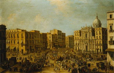 O Largo San Ferdinando, Nápoles, na época do carnaval, com a carruagem real se aproximando do Palazzo Reale,