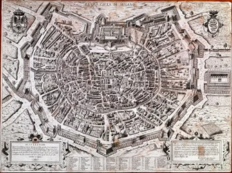 Mapa da cidade de Milão, editado por Antonio Lafreri (Lafrery ou Lanfrerius) (1512-1577) em 1573. Este é o mapa mais antigo da cidade. Milão, Museu de Milão - Mapa de Milão. O mapa mais antigo da cidade em 1573, editado por Antonio Lafreri. Itália, Museu d