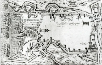 Mapa ilustrando La Rochelle ocupado pelos huguenotes