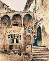 Pátio interior do cortiço, por Antonio Mancini (1852-1930)