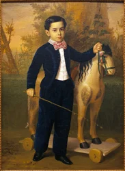 Retrato de um rapazinho com um cavalo de madeira. Pintura de Antonio Maria Esquivel (1806-1857), Oil On Canvas, ves 1851. Museu de Belas Artes de Sevilha, Espanha.
