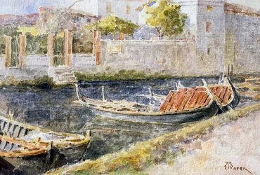Sirmione no Lago de Garda, de Antonio Mayer (1862-1921), aquarela. Itália, século XX.