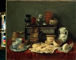 ""Natureza morta com baú de ébano"" Queijos, louças, jarro, guardanapo, potes, moedor de café e colher de mel. Pintura de Antonio de Pereda y Salgado (1611-1678) 1652 Dim. 80x94 cm Museu Hermitage de Saint Petersbou
