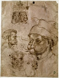 Quatro cabeças de homens, duas das quais com três caras. Um retábulo. Um cavalo. Desenhos da oficina de Antonio di Puccio Pisano dit Pisanello (1395-1455). Tinta marrom, caneta (desenho), sangue. Dim: 27,1x20,5cm. Louvre, Cabinet des medailles.