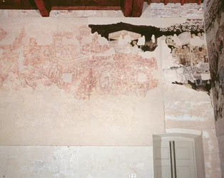 Cavaleiros da Távola Redonda na sua busca pelo Santo Graal (sinopie e afresco expostos)