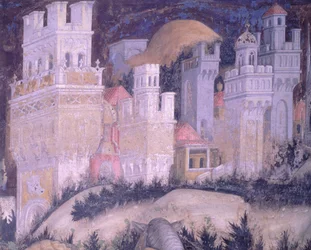 São Jorge e Princesa, cidade turretada, de Antonio Pisanello (1395-1455), afresco, Basílica de Santa Anástia, Verona