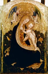 A Madonna tem Detrempe de codornizes em madeira de Pisanello (Antonio Pisano) (ca. 1380-1455). 1420 aprox. Dim. 50x33 cm Verone, Museo di Castevecchio - Madonna with a Quail, de Antonio Pisano a.k.a Pisanello (1380-c.1455), Tempera on wood, 50x33 cm