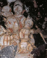 Tournament-Battle of Louvezerp de Antonio Pisano conhecido como Pisanello (pré-1395-ca 1455), fresco, detalhe, Palazzo Ducale, Mântua