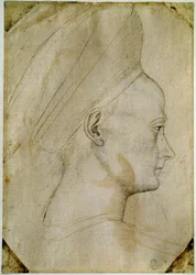 A cabeça de uma jovem mulher, de perfil à direita. Desenho da oficina de Antonio di Puccio Pisano dit Pisanello (1395-1455). Tinta marrom, pedra preta, pena. Dim: 24,6x17,2 cm. Louvre, Cabinet des dessins.