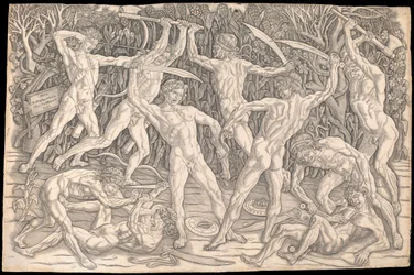 Batalha dos Nus por Antonio del Pollaiolo, c.1470-90 (gravura a p-b)