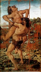 As doze obras de Hércules: "Heracles (Hércules) Lift the Giant Ante" Pintura de Antonio Benci chamada The Pollaiolo (Pollaiuolo) (1431-1498)