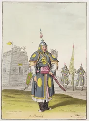 Soldado chinês vestido de batalha completo, ilustração de &39;Le Costume Ancien et Moderne&39; por Giulio Ferrario, publicado c.1820s-30s