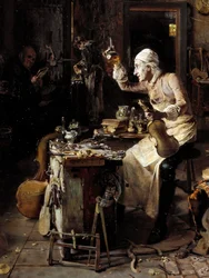 Detalhe de: "O luthier italiano Stradivarius (Antonio Stradivari) (1644-1737) na sua oficina" Pintura de Antonio Rinaldi (século XIX) 1886 Cremone, Museo Civico