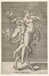 Sátiro carregando uma ninfa, cujo braço direito está enrolado no pescoço do sátiro, com um ..., ca. 1505-62.