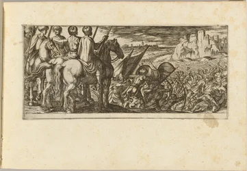 Cena de batalha com cavalaria observando de uma colina