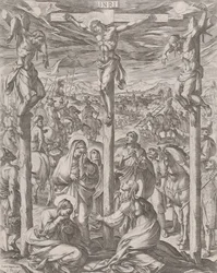 Cristo crucificado entre os dois ladrões, as três Marias ao pé da cruz, 1612.