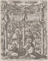 Cristo crucificado entre os dois ladrões, as três Marias ao pé da cruz