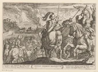 Os egípcios perseguem os israelitas através do Mar Vermelho Faraó Hebreos persequitur (título no objeto) Cenas de batalha do Antigo Testamento (título da série)