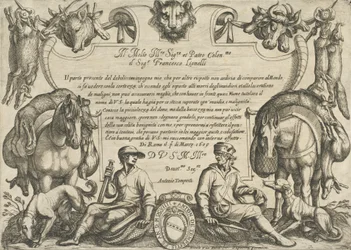 Frontispício com caçadores, cães e cavalos, de 