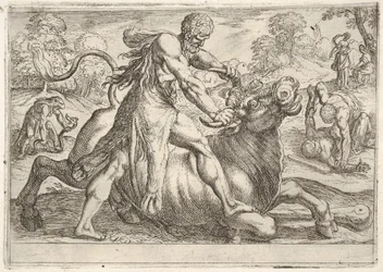 Hércules e Achelous: no centro, Hércules agarra os chifres de um touro enquanto pressiona seu ri ..., 1608.