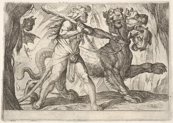 Hércules e Cérbero: Hércules agarra o colar de Cérbero, dois demônios aparecem à esquerda ..., 1608.