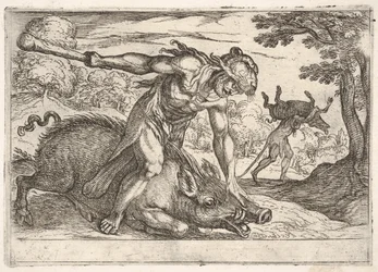 Hércules e o Javali de Erymanthus: Hércules segura o focinho dos javalis com a mão esquerda, ... 1608.