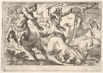 Hércules e os centauros: Hércules segura com a mão esquerda a cabeça de um centauro e levanta-a, 1608