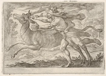Hércules e o traseiro do monte Cérnea: Hércules caminha ao longo do traseiro e agarra o ..., 1608.