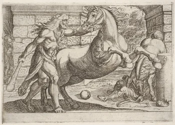 Hércules e as éguas de Diomedes: Hércules agarra o freio de um cavalo de criação, um segundo ..., 1608.