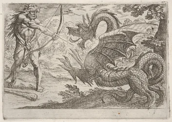 Hércules e a serpente Ládon: Hércules retesa o arco, a serpente erguida aparece de perfil, 1608