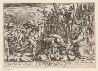 Josafá agradece a Deus pela sua vitória
Iosaphat prece vincit et thesauris potitur (título sobre o objecto)
Cenas de batalha do Antigo Testamento (título da série)