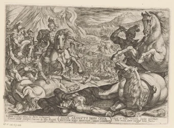 Josué paralisa os cavalos e queima os carros das nações Iosue absoluto bello crura hostium equis amputat, currus comburit (título no objeto) Cenas de batalha do Antigo Testamento (título da série)