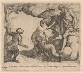 Júpiter verandert de Cercopes em apen
Cercopes bonorum insidiatores em simias Iupiter transformat (título sobre o objecto)
Metamorfoseon sive transformationum (título da série)
Metamorfosen van Ovidius (título da série)