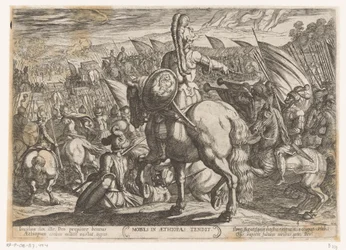 Moisés ordena que os israelitas ataquem os etíopes Moysés em Aethiopas tendit (título no objeto) Cenas de batalha do Antigo Testamento (título da série)
