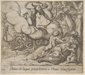 Ilustração 105: Diana apontando seu arco em direção a Chione, que é acompanhada por dois filhos, em outro ..., 1606.